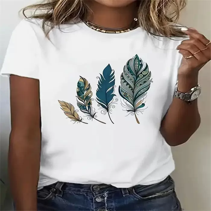 跨境现货欧美亚马逊新款印花T恤圆领宽松大码短袖休闲女装T恤上衣