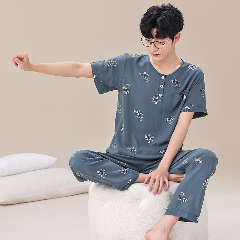 인공 면화 남성용 잠옷 반팔 바지 세트 전체 사람 면 실크 홈 옷 아빠의 잠옷 봄과 여름 새로운
