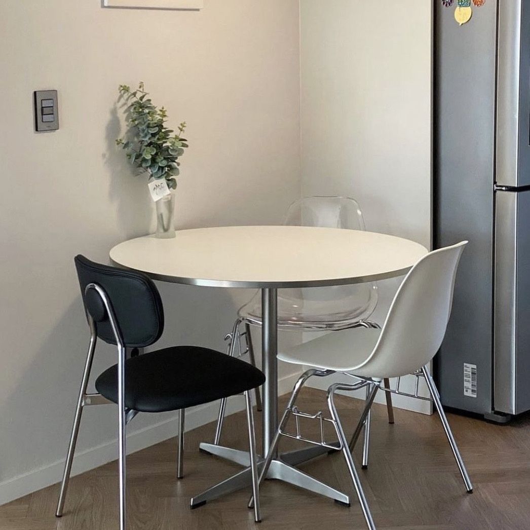 Vintage Solid Wood Dining Table with Stainless Steel Metal Edge, Korean Blogger Ins Coffee Small Round Table for Home Office Use