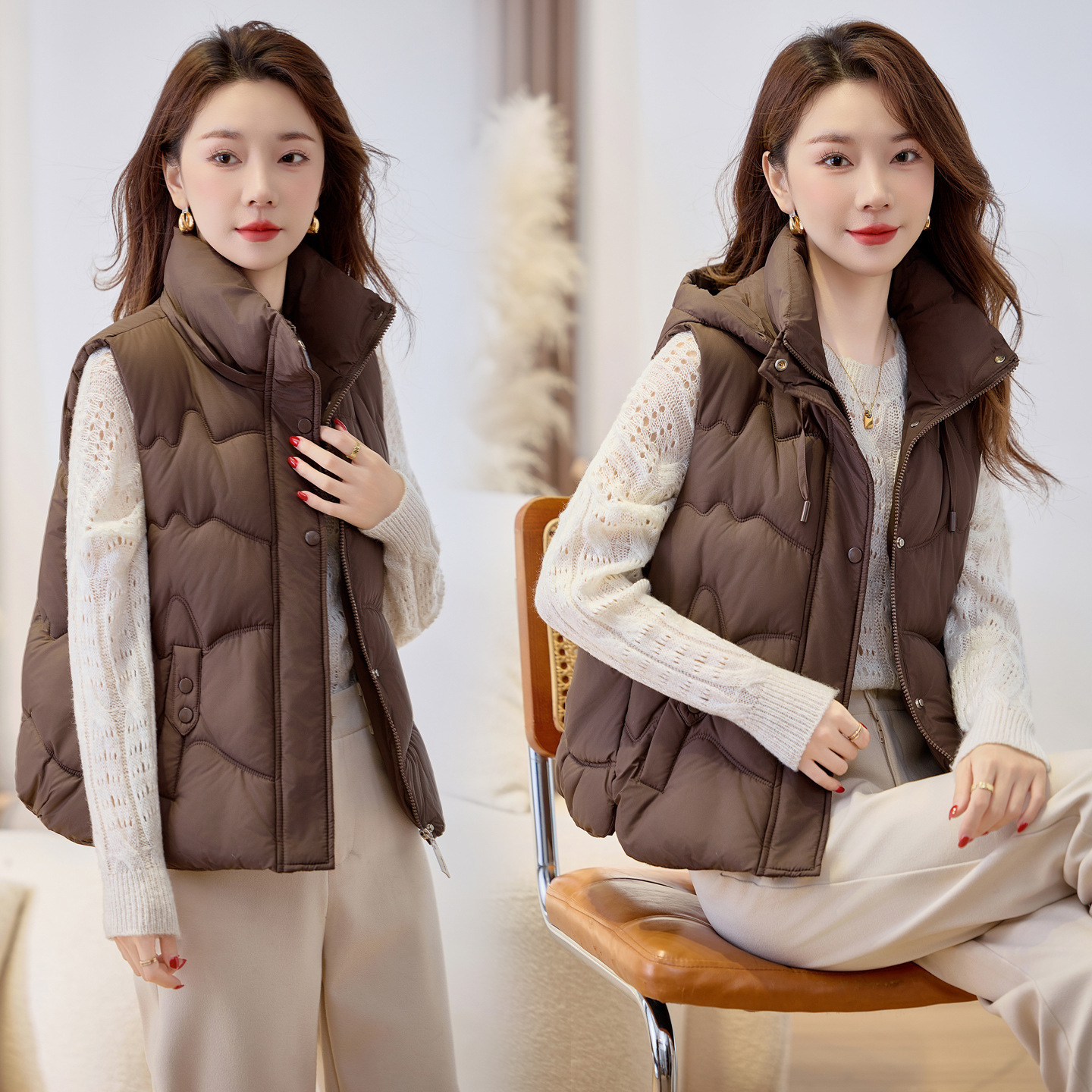 2025 otoño y invierno corto estilo coreano de moda nicho de diseño relajado sensación de collar grueso chaleco cálido abrigo de algodón image 3