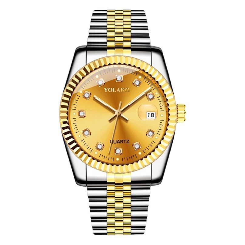 Diamante superficie acero cinturón calendario reloj mujer simple casual estudiante moda cuarzo oro traje hombres reloj pareja