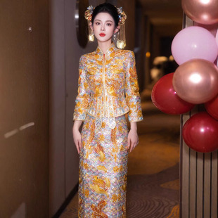 Dragon and Phoenix Gown 2025 New Style Xiuhe Wedding Bride Dress Chinese Style Wedding Dress Heavy Craft Slim Fit Toasting Dress Gown