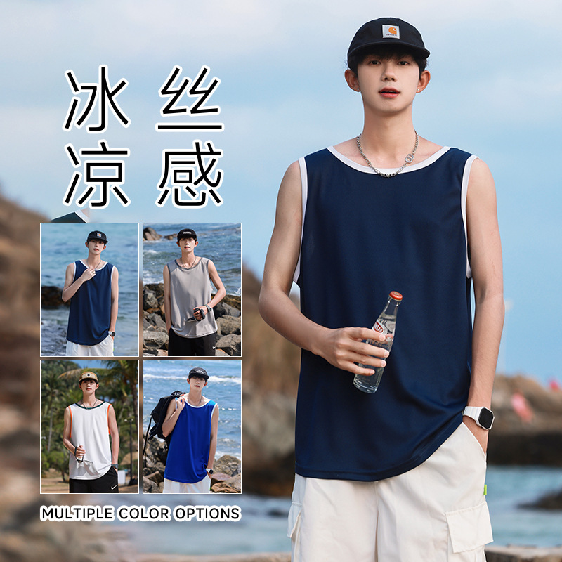 Ice Silk Quick-drying Sleeveless Vest Men's Summer Thin Waistcoat Fitness Sports Running Undershirt Trendy Brand Basketball T-shirt