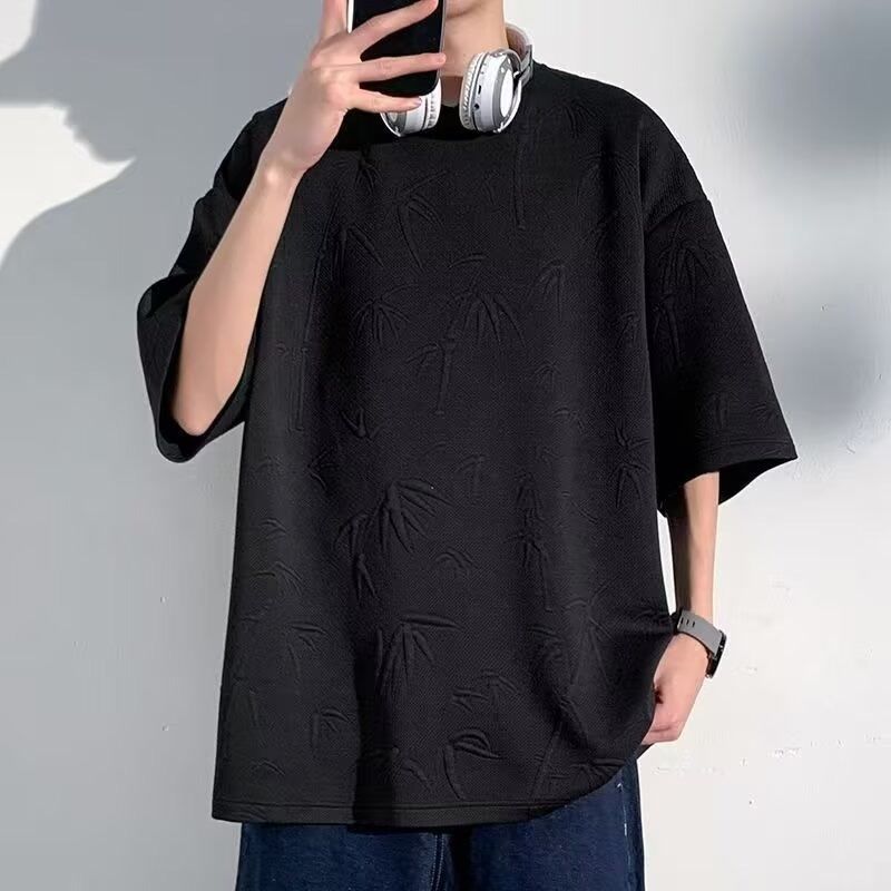 新しいジャカード半袖Tシャツメンズ2025夏トレンディハンサムイン多用途ルーズテクスチャードラウンドネックハーフスリーブ|undefined