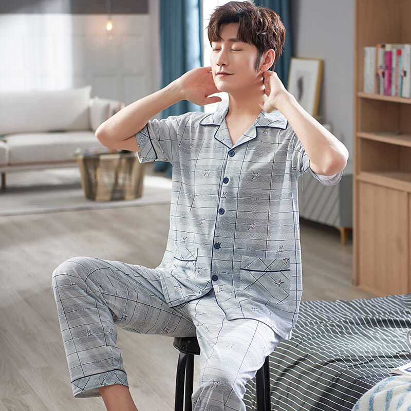 Pijamas de verano para hombre 100% algodón pantalones de manga corta verano para hombres jóvenes más tamaño Delgado homewear traje de hombre