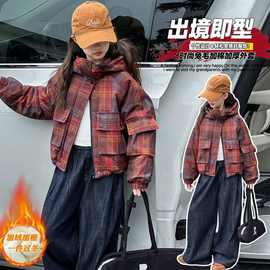 女童秋冬款加绒外套2025新款儿童冬季加厚格子棉衣大童冬装派克服