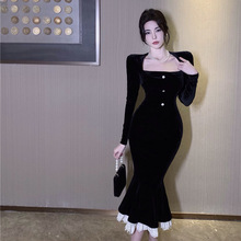 赫本风名媛丝绒包臀鱼尾裙女秋冬收腰显瘦气质性感高级内搭连衣裙