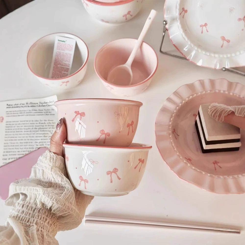 Ceramic tableware set with bow pattern, cute pink bows, multiple-piece dining kit