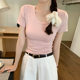 Basic Simple Design Sense Hollow Out Back Waist Solid Color Short-sleeved T-shirt Women's Summer Short Western-style Sweet and Hot Top for Women