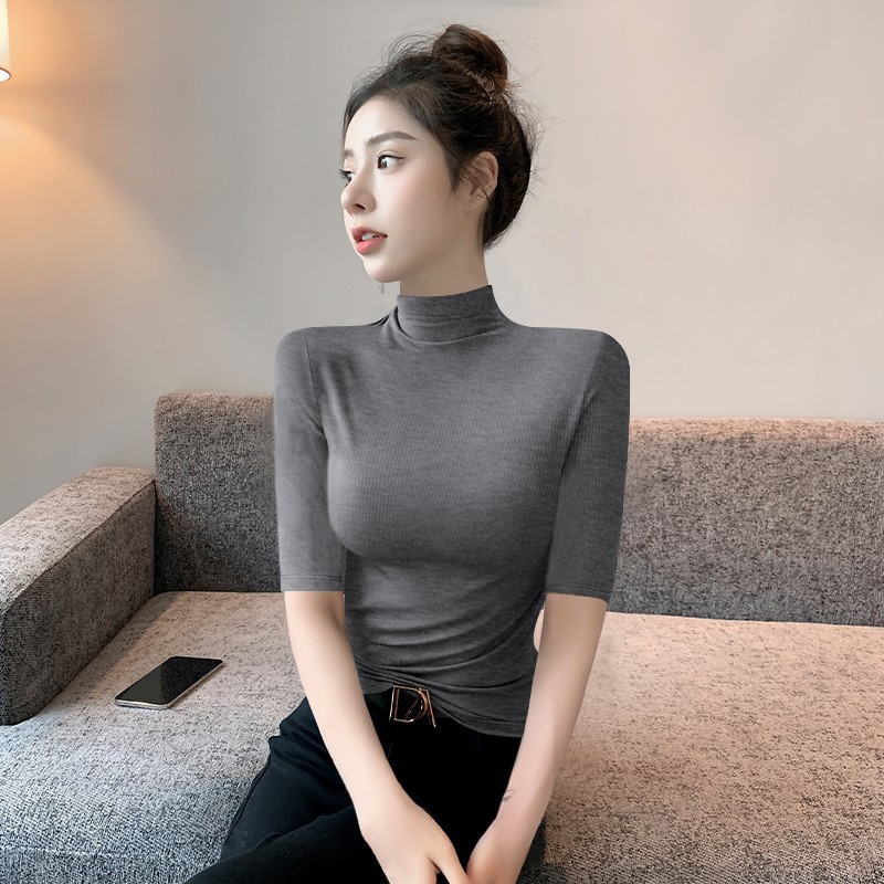 서양식 블랙 하프 하이 칼라 스레드 하프 슬리브 하프 슬리브 티셔츠 여성용 2024 여름 슬림 핏 올매치 베이스 탑