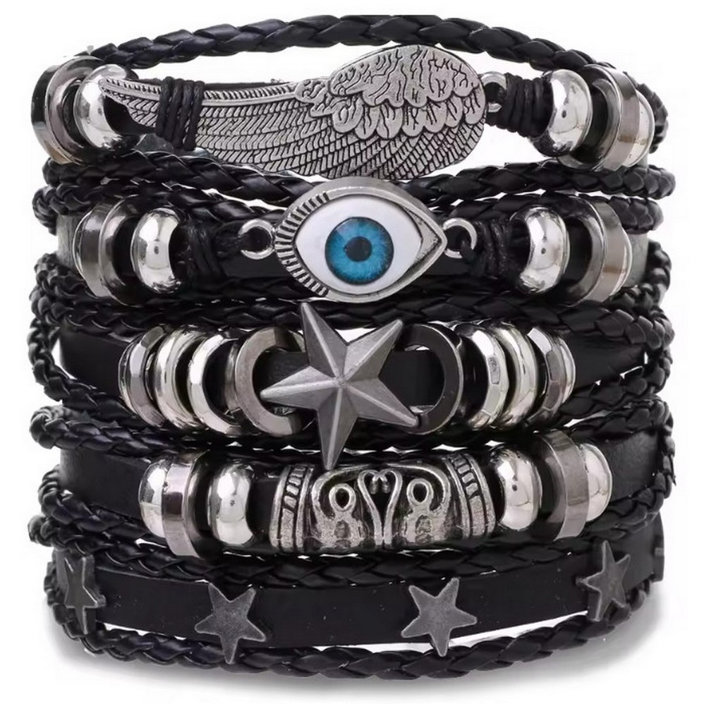 Diy Leather Bracelet Weaving Kit For Men With Skull And Star Beads_voghion.com