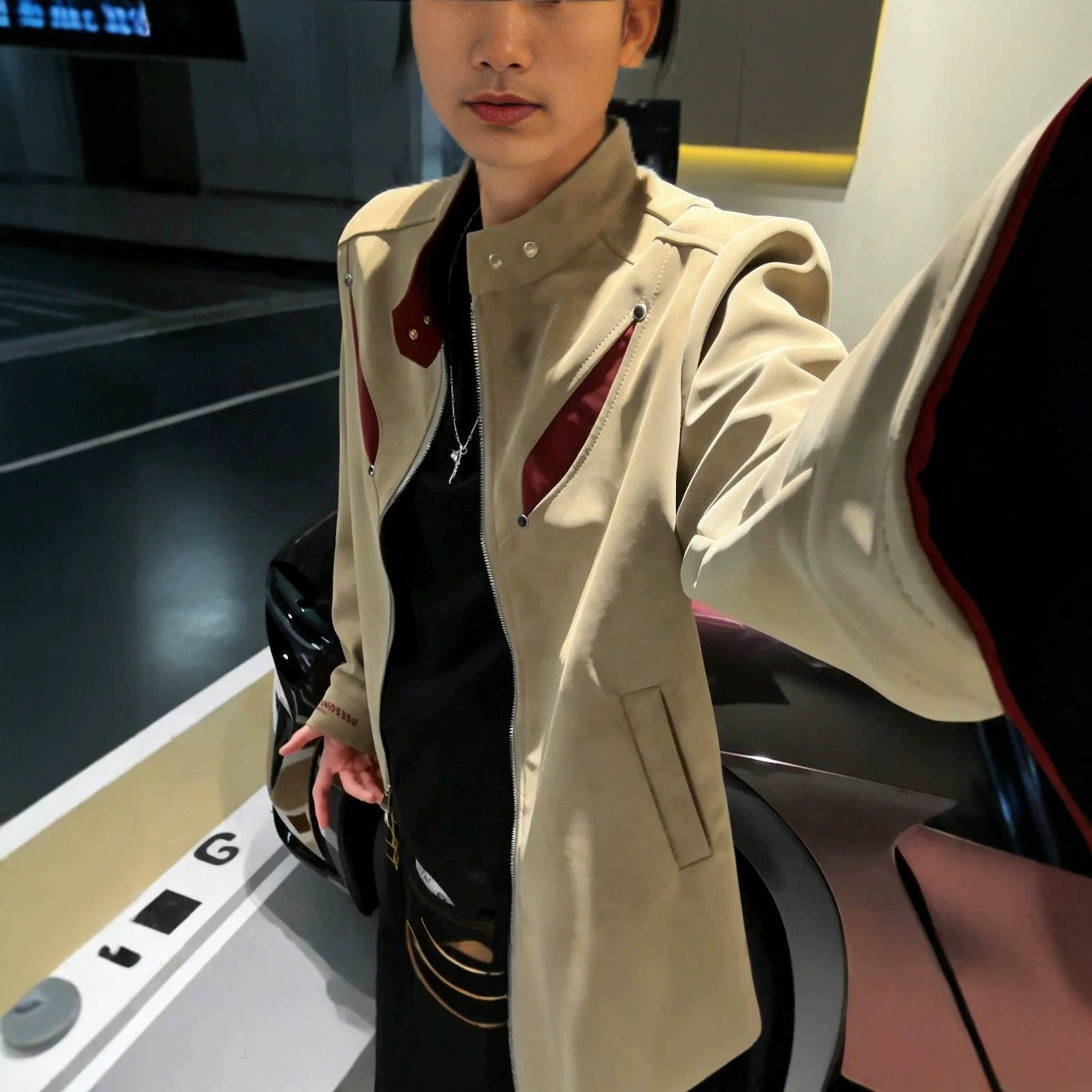 美式复古撞色扎染皮衣外套男秋季痞帅立领飞行夹克廊形短款棒球服