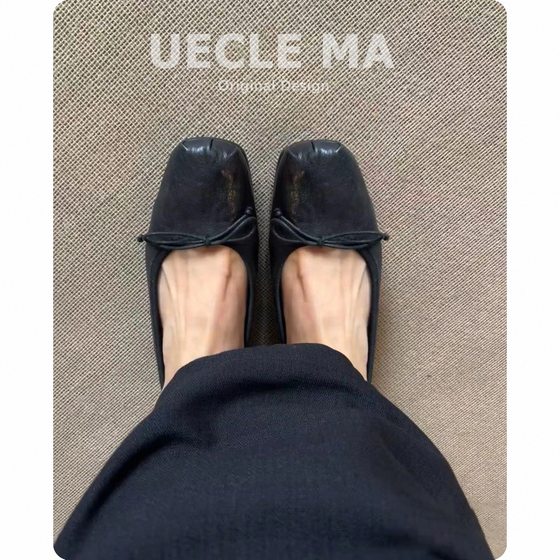 Cowhide ~ Genuine Leather Handmade Shoes Retro Style Shallow Mouth Flat Single-layer Shoes Women's All-match Commuter Bow Ballet Shoes