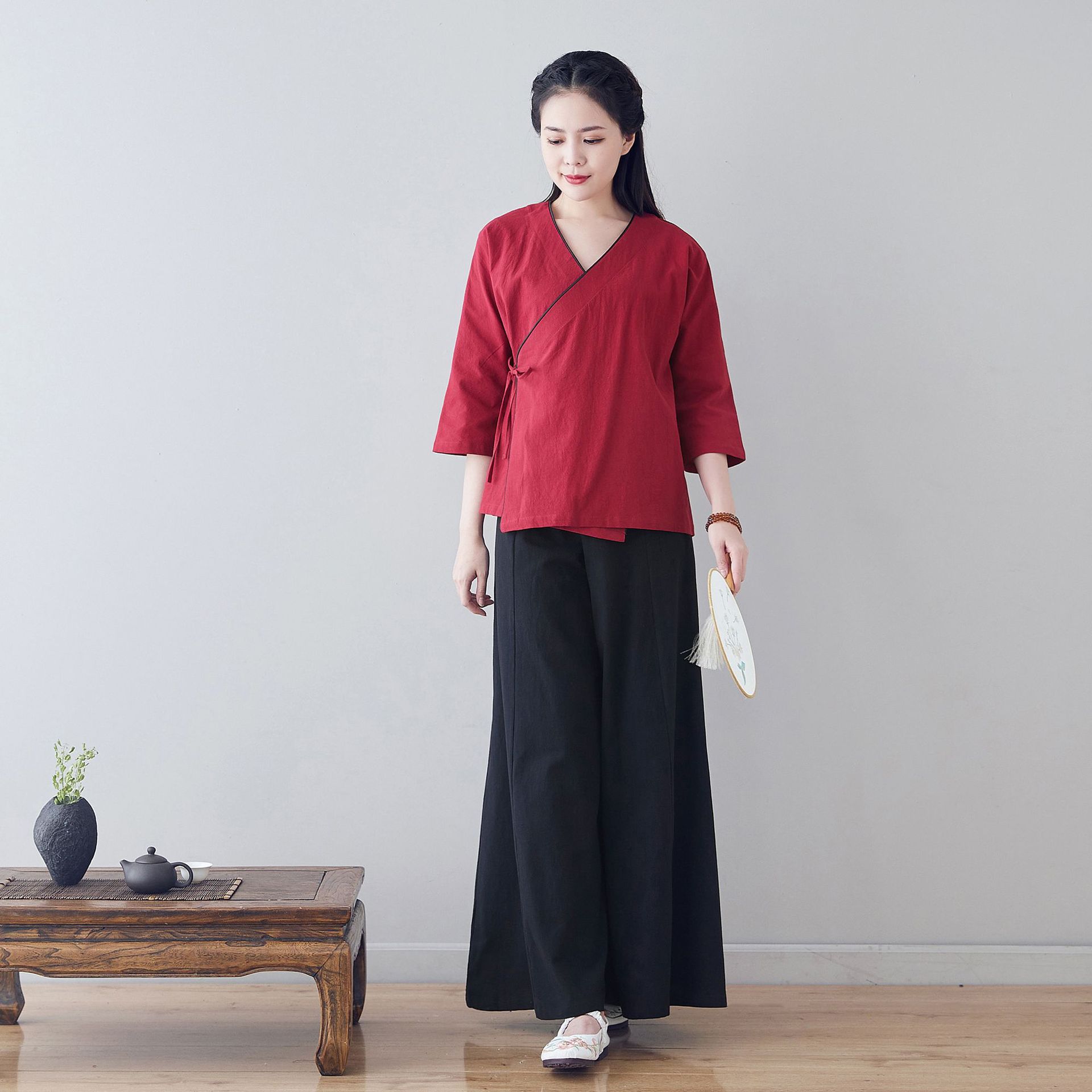 2525 New Summer Style Han Dynasty Female Adult Retro National Style Literary Cotton and Linen Tops Waist-Length Clothing Tops