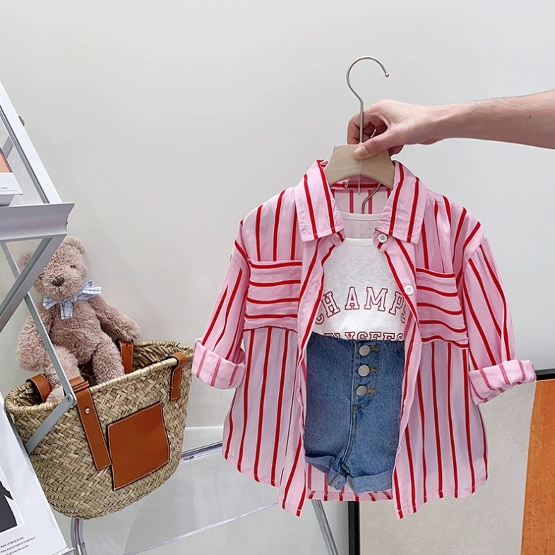 Cross-Border Girls' Outfit 2026 Children's Fashion Korean Style Striped Long-Sleeve Shirt + Vest Pants Three-Piece Set