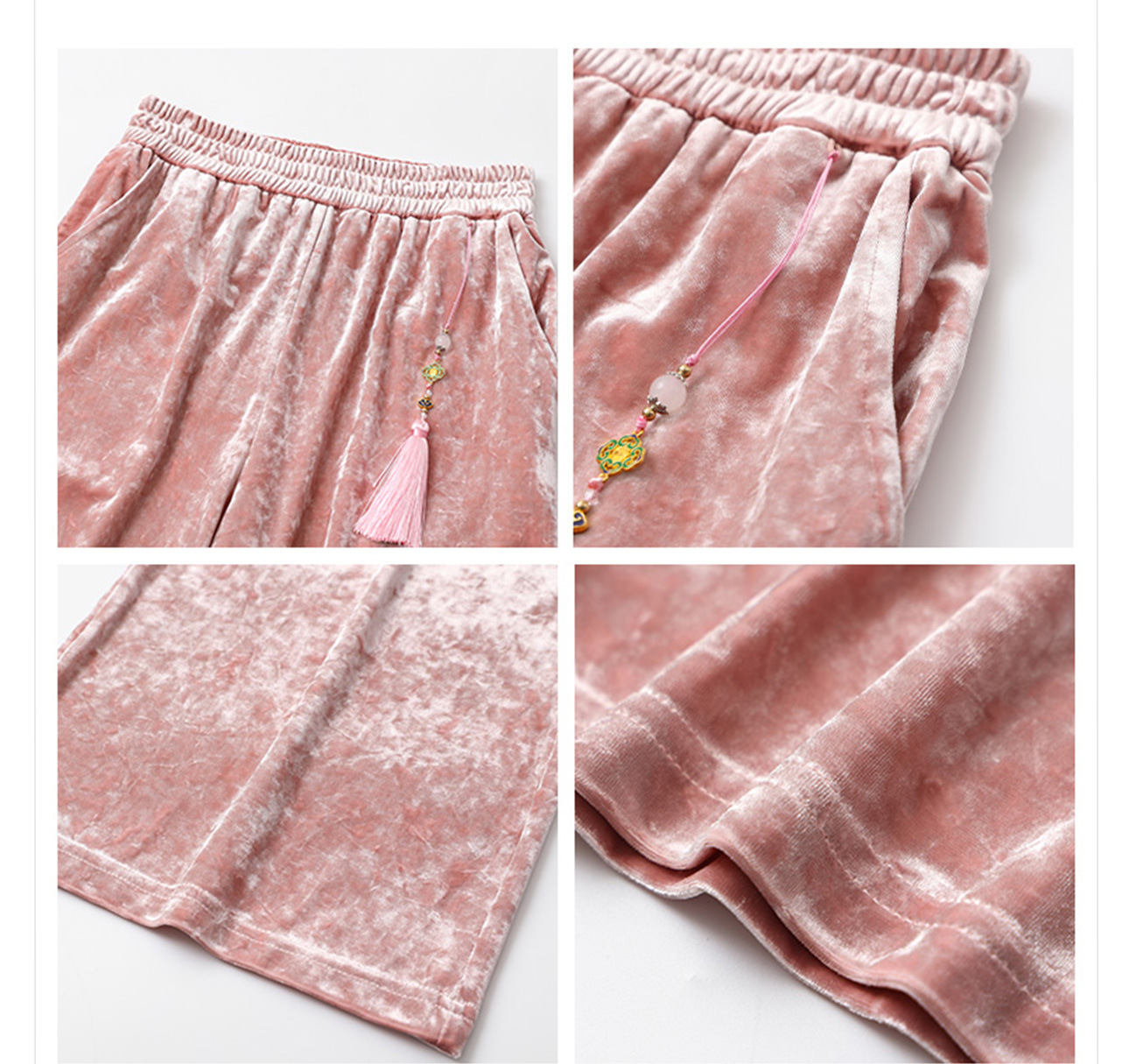 Quần ống rộng nhung lụa kiểu Trung Quốc mới, jacquard màu trơn, phong cách văn nghệ — Màu đen, Màu vàng, Màu hồng, Màu mơ chi tiết 23