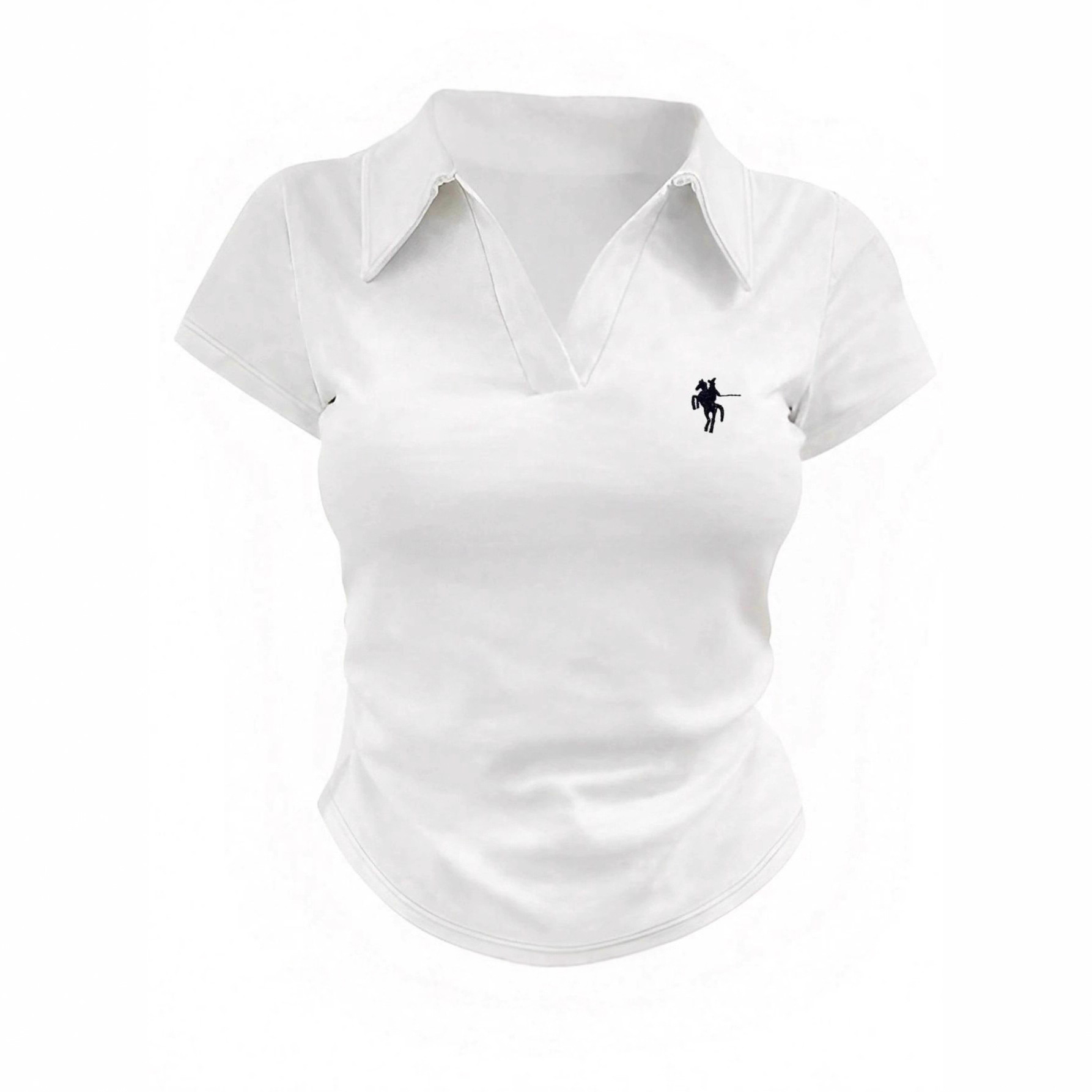 Women's Clothing Slim Fit Polo Shirt Solid Color Collared Short Length Equestrian Embroidery Simple Versatile Women's Top_voghion.com