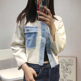 法式女装2024早春新款休闲针织衫撞色翻领牛仔毛边短款开衫外套女