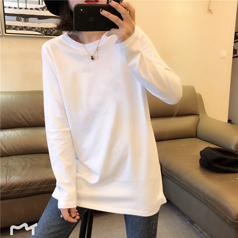 Matching Sweater fleece-lined Base Shirt Women's Autumn and Winter Western Style Loose White Long-sleeved T-shirt Cotton Long Top