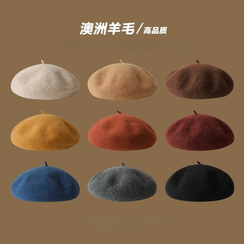 High quality/Australian wool beret not easy to pill Korean style solid color retro painter hat girl/good style