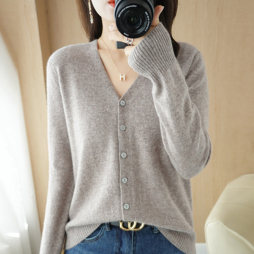 Wool blended new spring and summer women's loose v-neck solid color short knitted cardigan coat sweater air-conditioning shirt