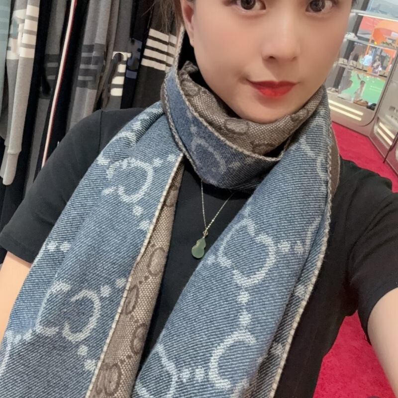 秋冬经典Logo双g牛仔蓝围巾女同款双面羊毛围巾羊绒披肩两用保暖|undefined