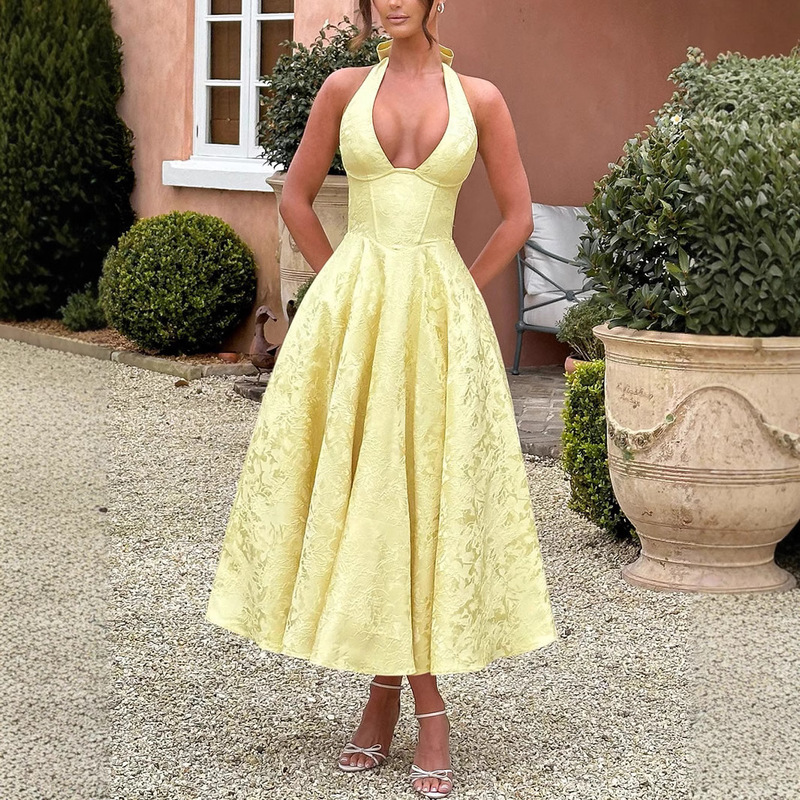 European and American Cross-border V-neck Hanging Neck Jacquard dress High-end Evening Dress Spring and Summer Elegant Sleeveless Backless Waist Long Dress