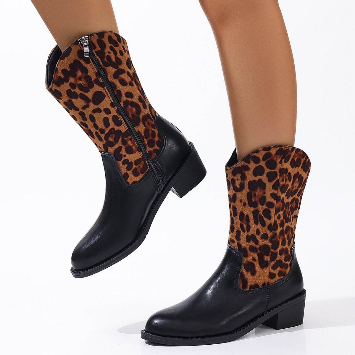 Damenschuhe große Cowboystiefel mit hohem Absatz neue Herbst- und Winterstiefel aus Leder im Ethno-Stil mit mittlerem Absatz und spitzer Spitze_voghion.com