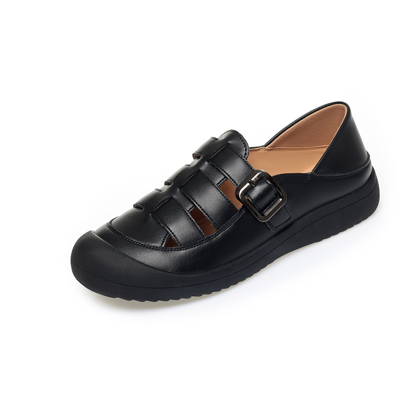 Sandal nữ mũi nhọn da bò thật đế dày thoáng khí — đen