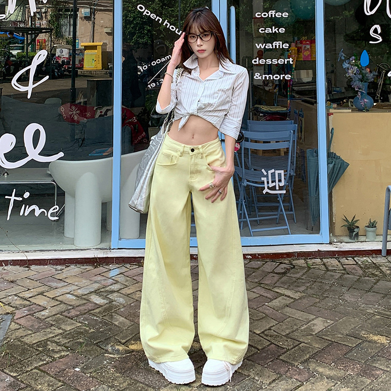 Trendy Autumn Design High-Waisted Loose Straight Wide-Leg Pants with Playful Color-Blocking and Floor-Length Denim for Women