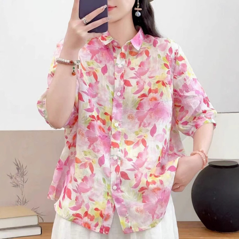 Summer new ramie shirt Korean graffiti printed loose ladies top sleeve shirt wholesale tide 6776