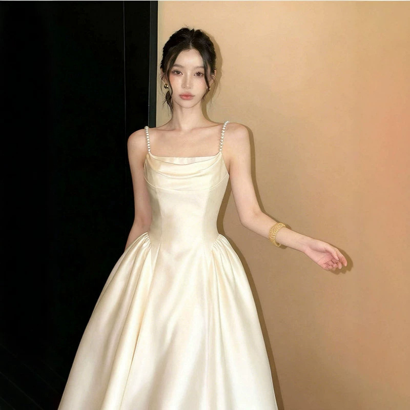 Strappy light wedding dress, simple satin evening gown for brides, engagement, registration, travel photography, white formal dress, elegant bridal gown
