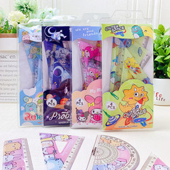Cute cartoon four-piece ruler student card set triangle plate protractor ruler set children's stationery and school supplies