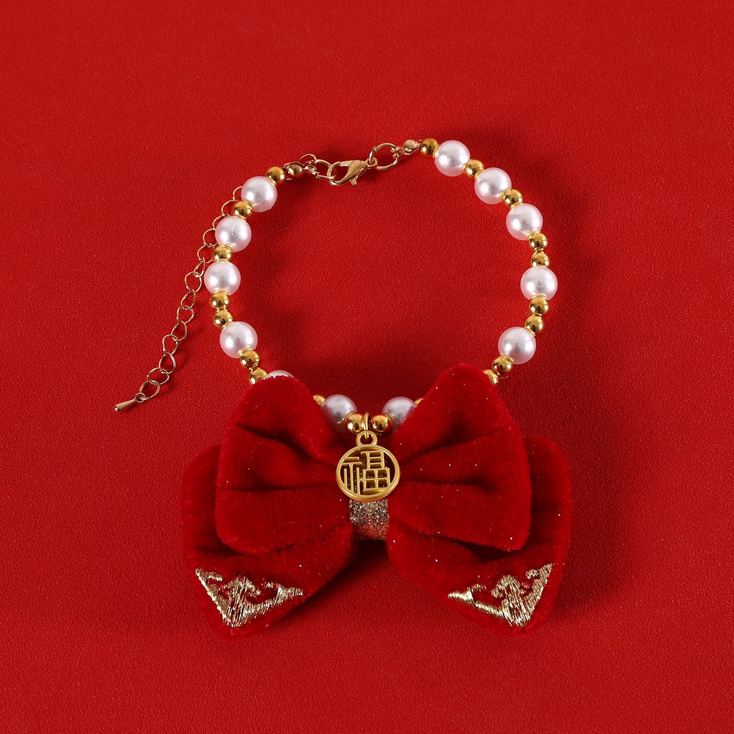Festival de Primavera mascotas rojas Año Nuevo collar de perlas de terciopelo arco de oro bolsas fu colgante gatos perros collar