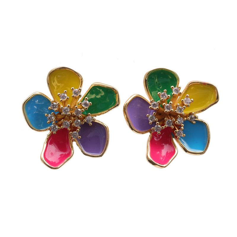 Creativo nuevo cobre gota aceite diamante flor pendientes simple moda oído joyería pendientes