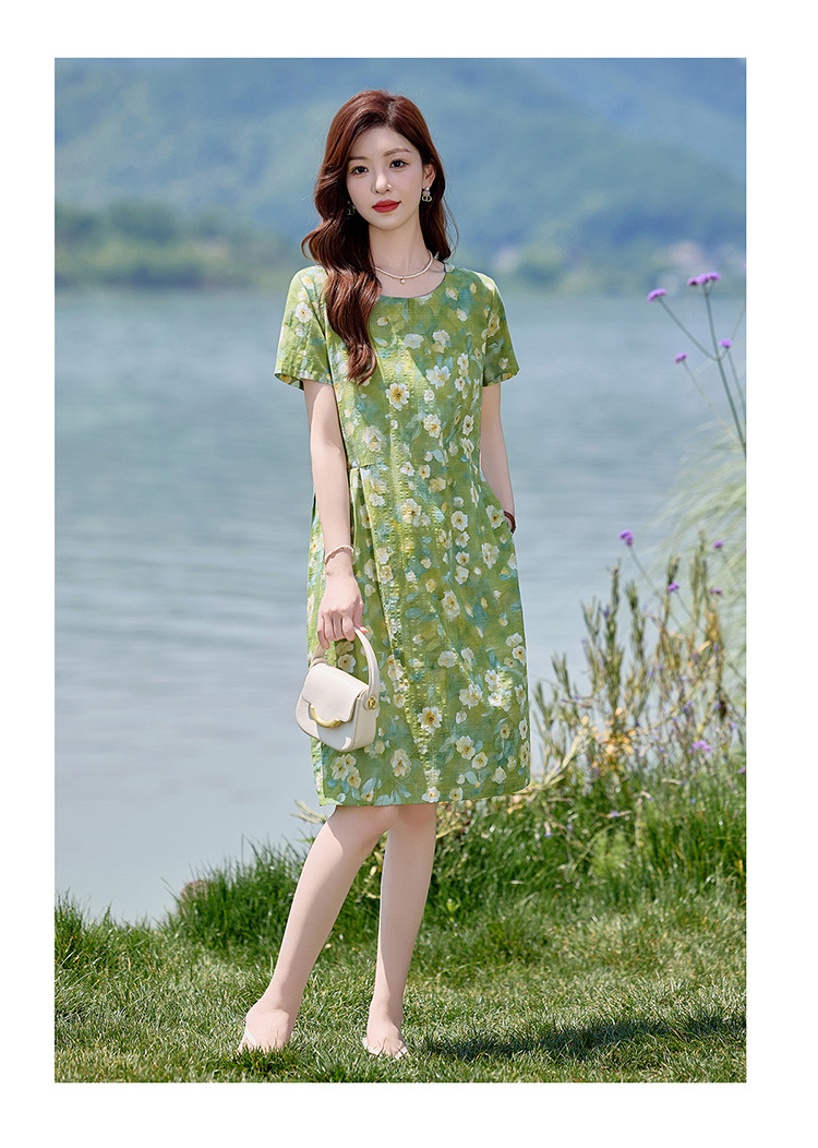 Đầm maxi nữ hoa nhỏ xanh lá cây tươi mát, dáng suông rộng, tay ngắn, mỏng nhẹ mùa hè 2025 — Màu hồng xanh lục, Màu xanh lá chi tiết 14