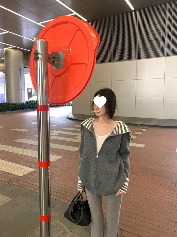 撞色条纹海军领长袖毛衣外套女冬季复古慵懒针织开衫宽松拉链上衣|undefined