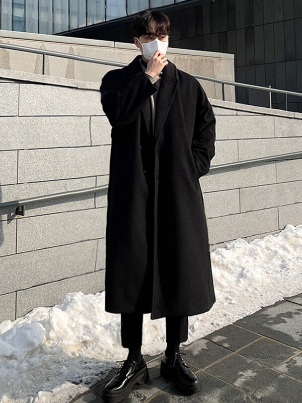 Men's Mid-Length Wool Coat, Knee-Length, Black, Autumn and Winter, Fleece-Lined, Thickened Woolen Jacket, Trendy Korean-Style Trench Coat