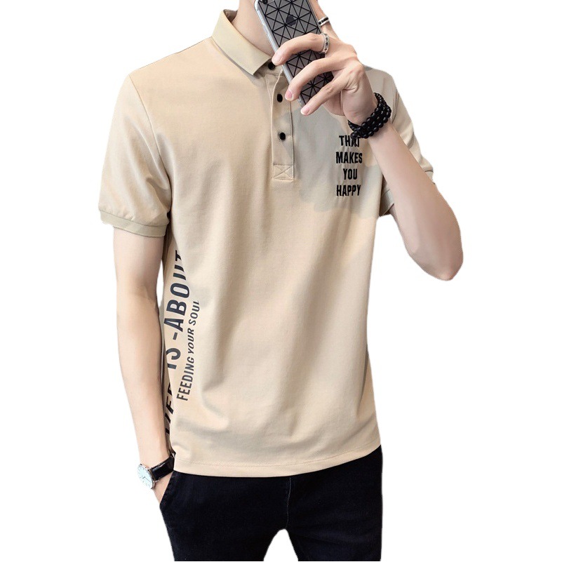 Camisa de Polo de manga corta para hombres verano nueva solapa delgada elástica de punto de moda casual letra impresa top