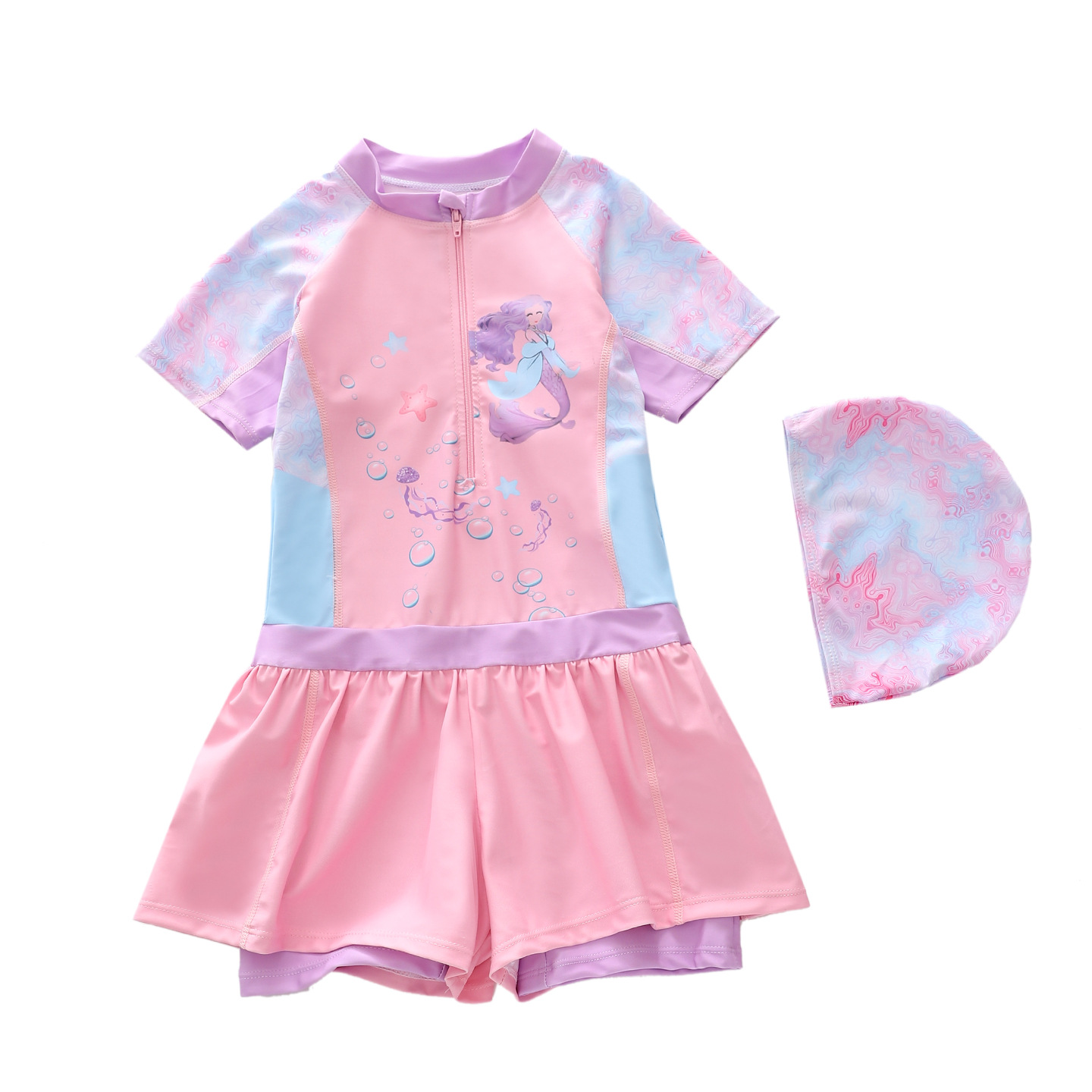 Traje de Baño Deportivo de Una Pieza de Manga Corta para Niñas de Poliéster Alta Elasticidad para Natación
