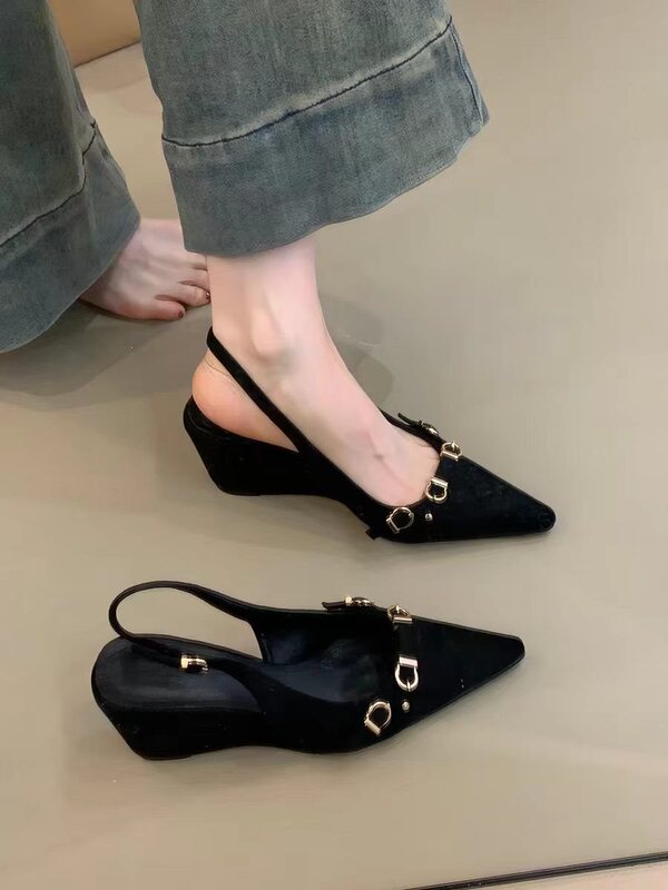 Soft Leather Version~Vintage Style Pointed-Toe Wedge Sandals for Women with a Unique Design, Featuring Metal Buckle and Open Back, Gentle and Stunning Soft Leather Version~Vintage Style Pointed-Toe Wedge Sandals for Women with a Unique Design, Featuring Metal Buckle and Open Back, Gentle and Stunning