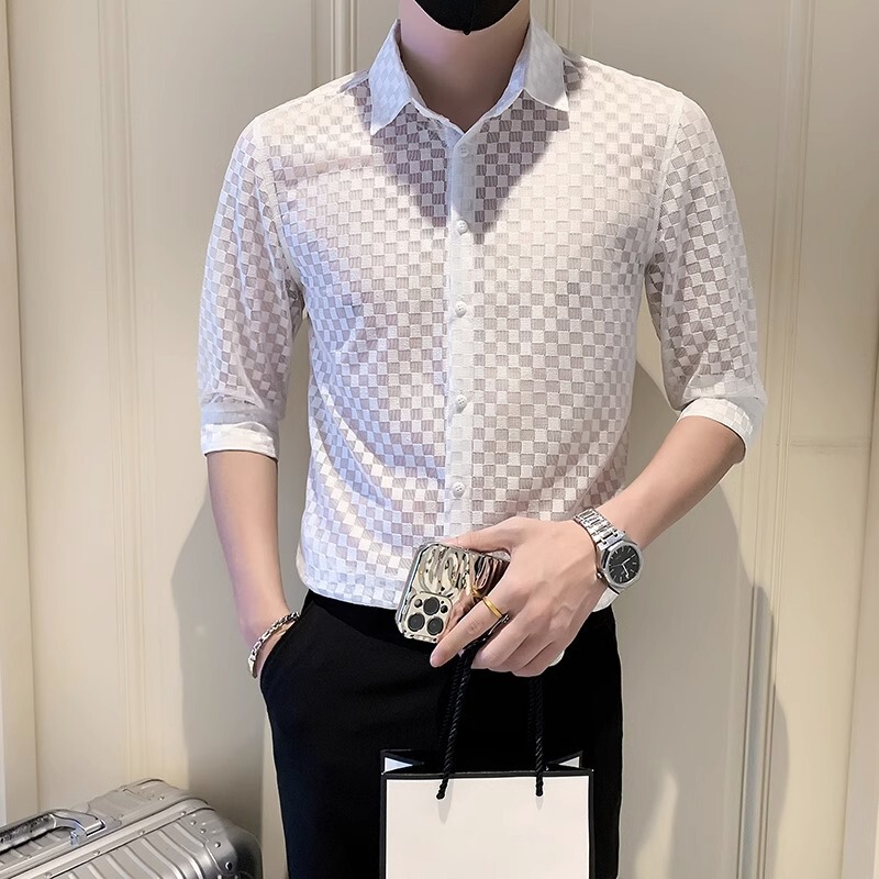 Hairstylist Stylish Lace Cut Out Shirt Men's Short-Sleeved Slim Trendy Brand Handsome Shirt Nightclub Sexy See-Through Top Hairstylist Stylish Lace Cut Out Shirt Men's Short-Sleeved Slim Trendy Brand Handsome Shirt Nightclub Sexy See-Through Top