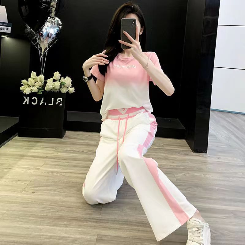 Street Casual Sports Suit for Women, Niche Design, Contrasting Color Short-Sleeved Tops and Pants, Two-Piece Set, Trendy and Versatile