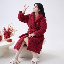 开衫系带三层加厚保暖夹棉睡袍女冬季珊瑚绒长款浴袍家居服女士冬