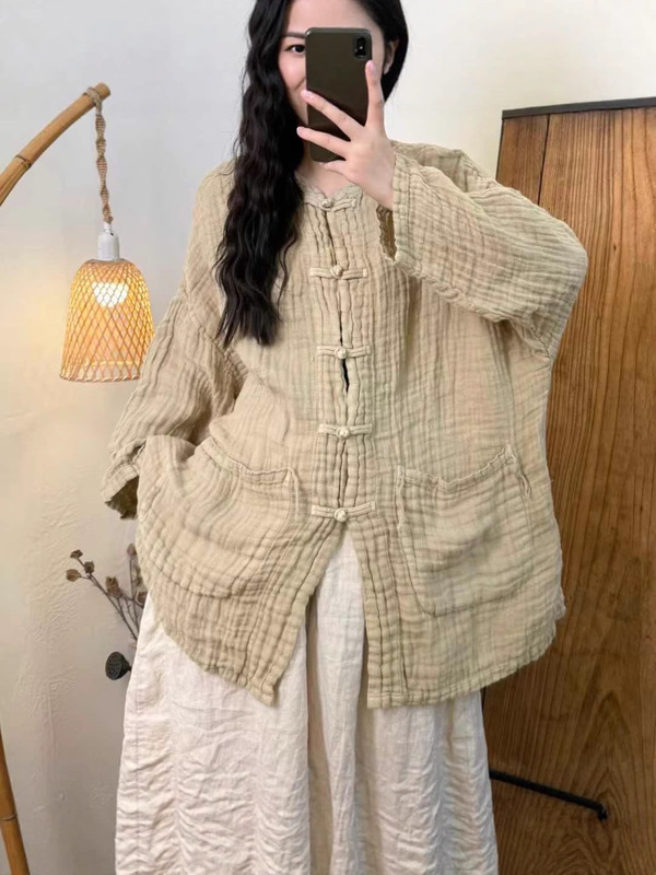 秋季新款秋装高端双层肌理亚麻女装复古文艺宽松落肩袖中长款开衫|undefined
