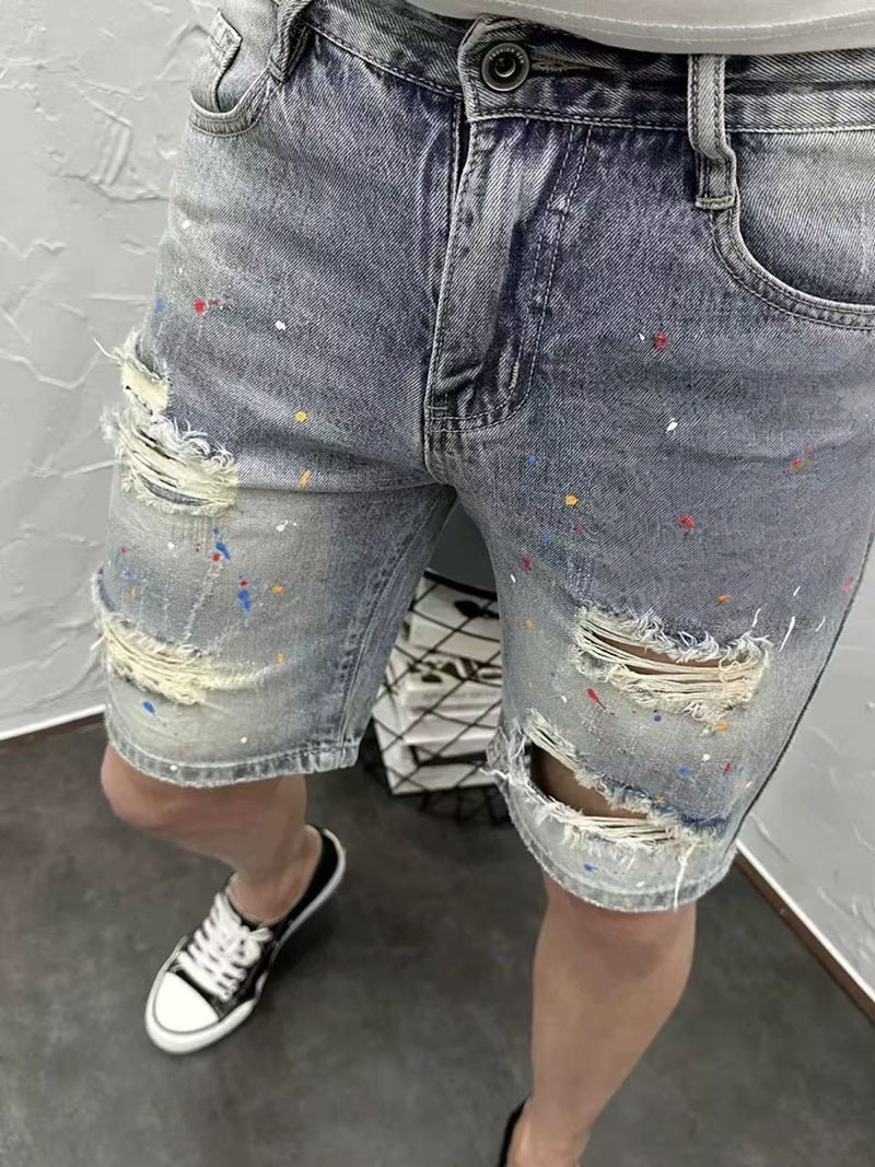 Herren Denim Shorts Retro Distressed Patchwork Stretch Sommerhose_voghion.com