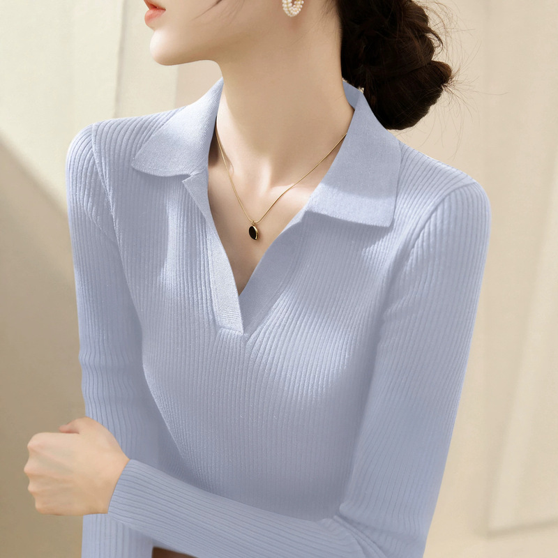 Korean Style Autumn and Winter New Solid Color Polo Collar Regular Shoulder Base Knit Sweater Fashionable Slim Fit Versatile Top for Women A11851