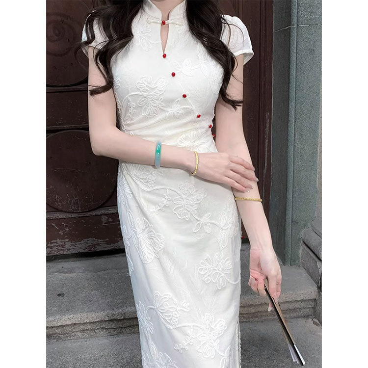 Lingqian Yunxiao 新しい中国風改良チャイナドレス女性の夏のニットジャカードチャイナドレスの首元がとても美しいドレス|undefined