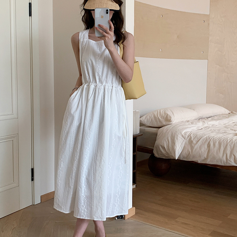 [Original] off-neck vest dress women's summer new drawstring waist embroidered pure white sleeveless long dress