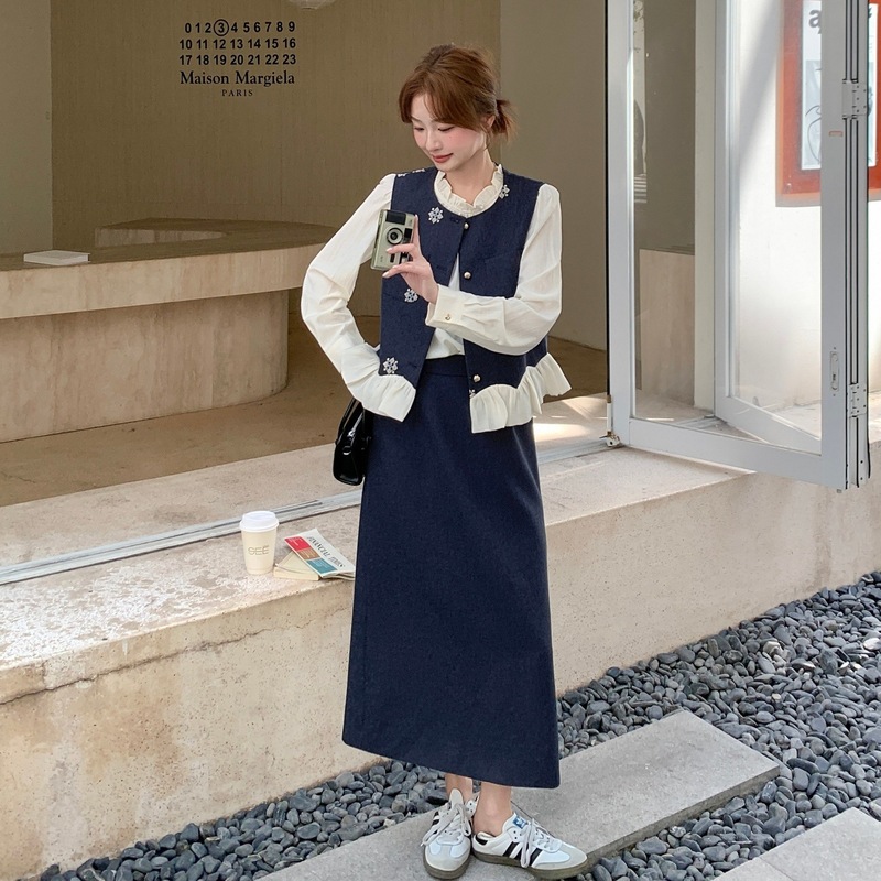 实拍洋气小香风套装裙女秋季2025新款刺绣马甲衬衣半身长裙三件套|undefined